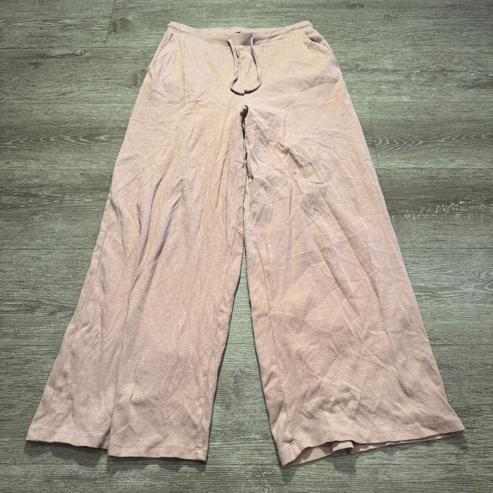 Zara Pants Womens Medium Pink Ribbed Baggy Flat Wide Leg Lounge Casual 26x28